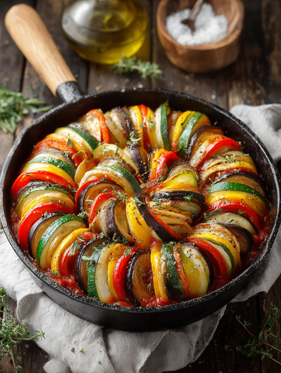 A baked Ratatouille Casserole with a wooden table.
