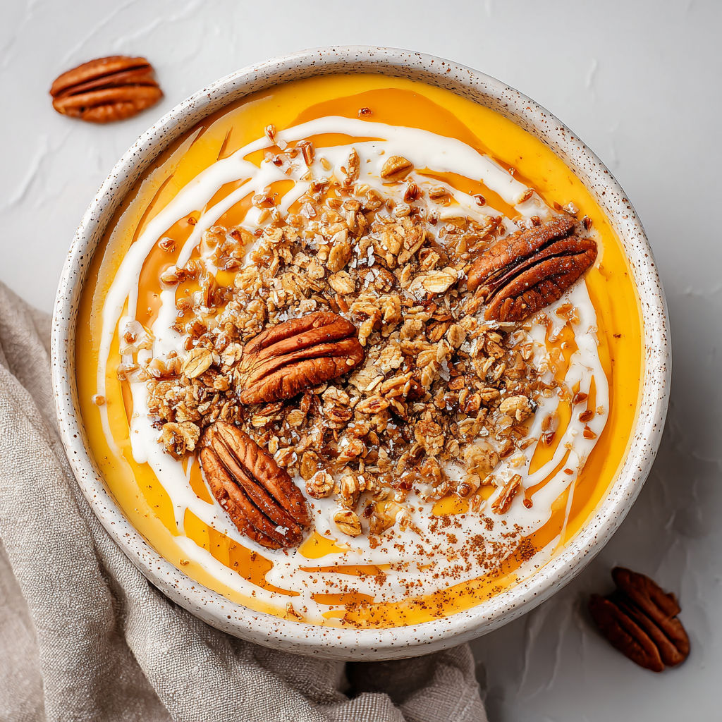 A bowl of yogurt with nuts and a spoon.