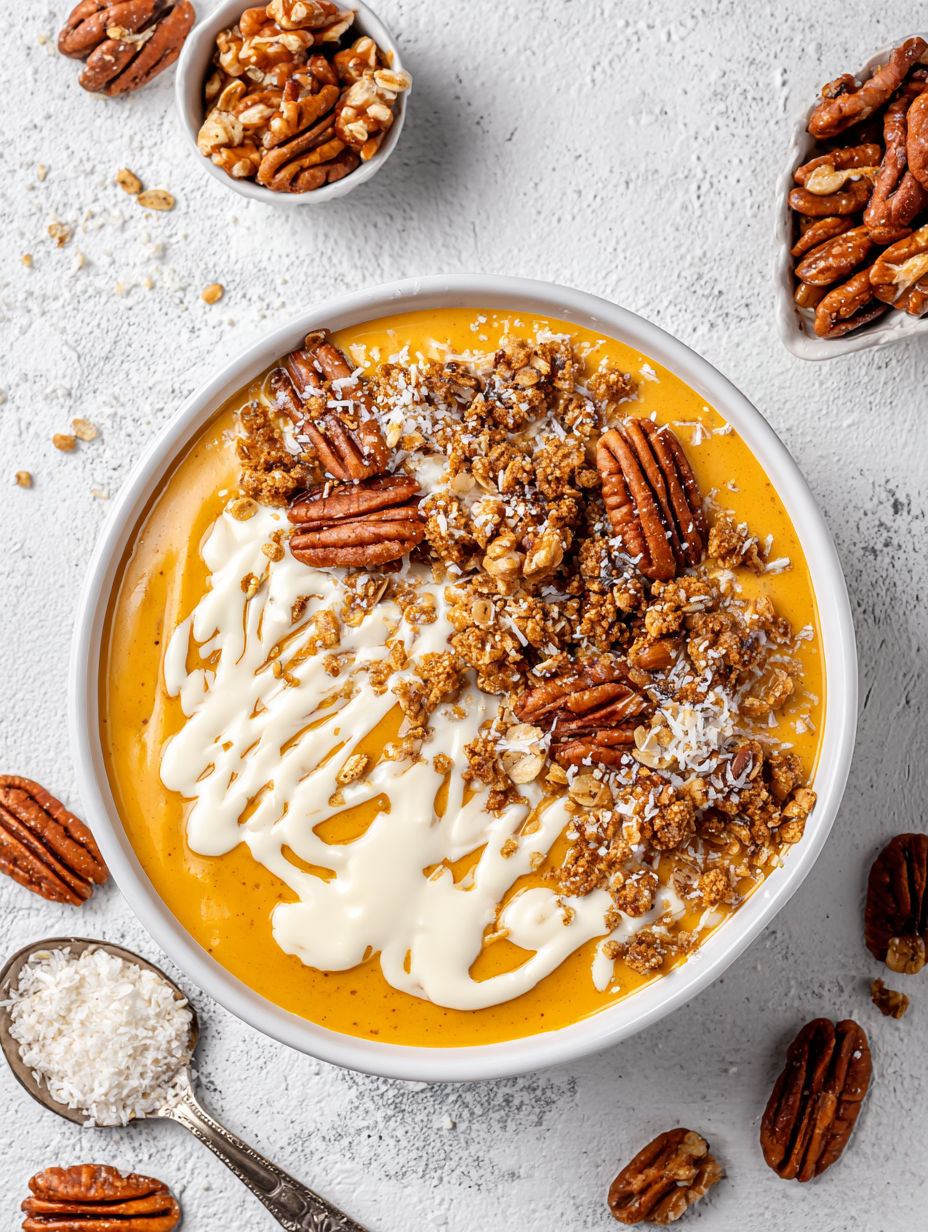 A bowl of pumpkin pie yogurt with nuts on top.