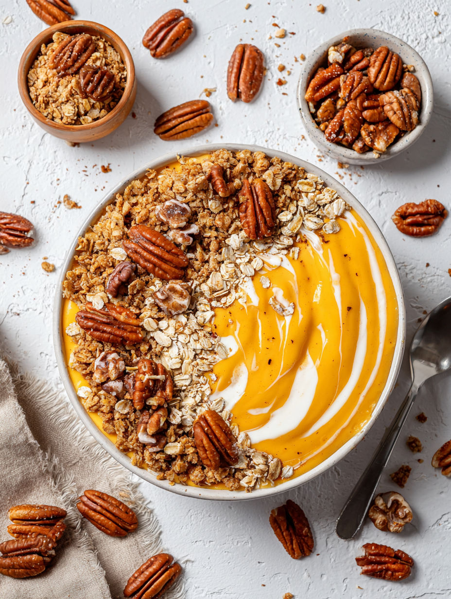 A bowl of pumpkin pie yogurt.