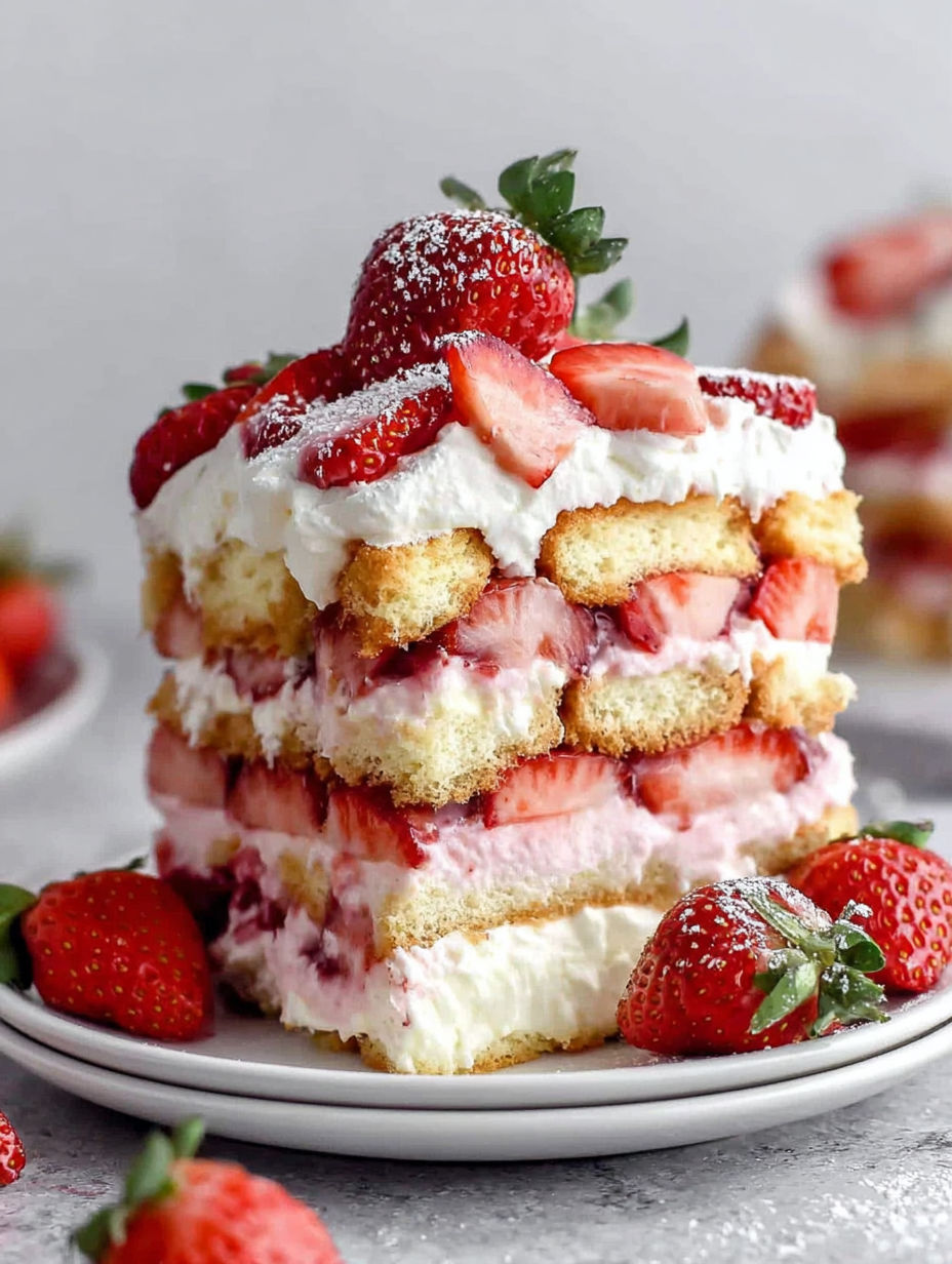 A slice of strawberry shortcake tiramisu.