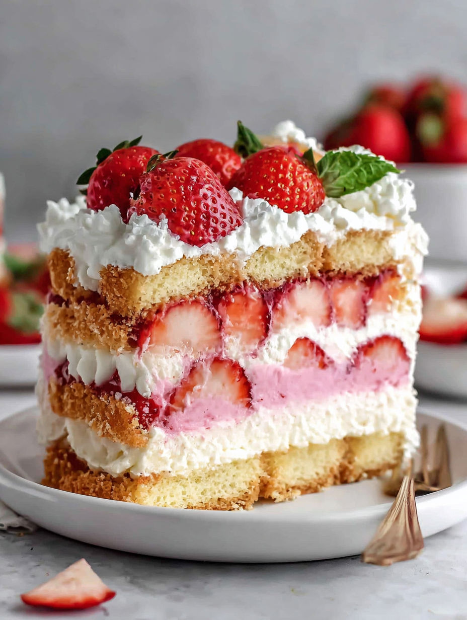 A slice of strawberry shortcake tiramisu.