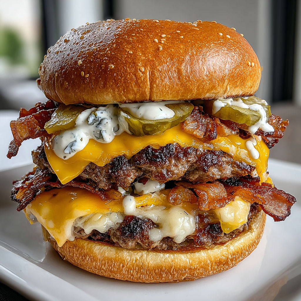 A double-decker smash burger with ranch.