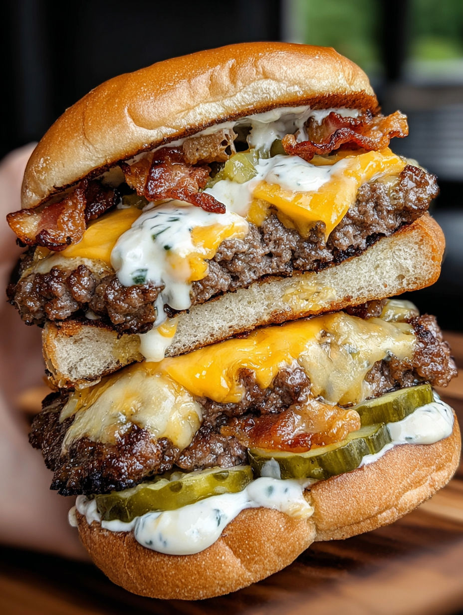 A double-decker smash burger with ranch.