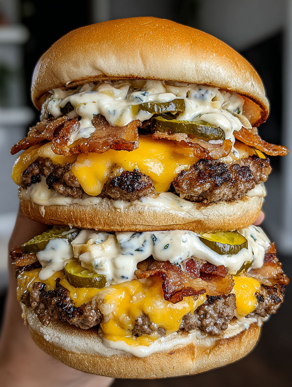 A person is holding a double-decker smash burger with ranch.