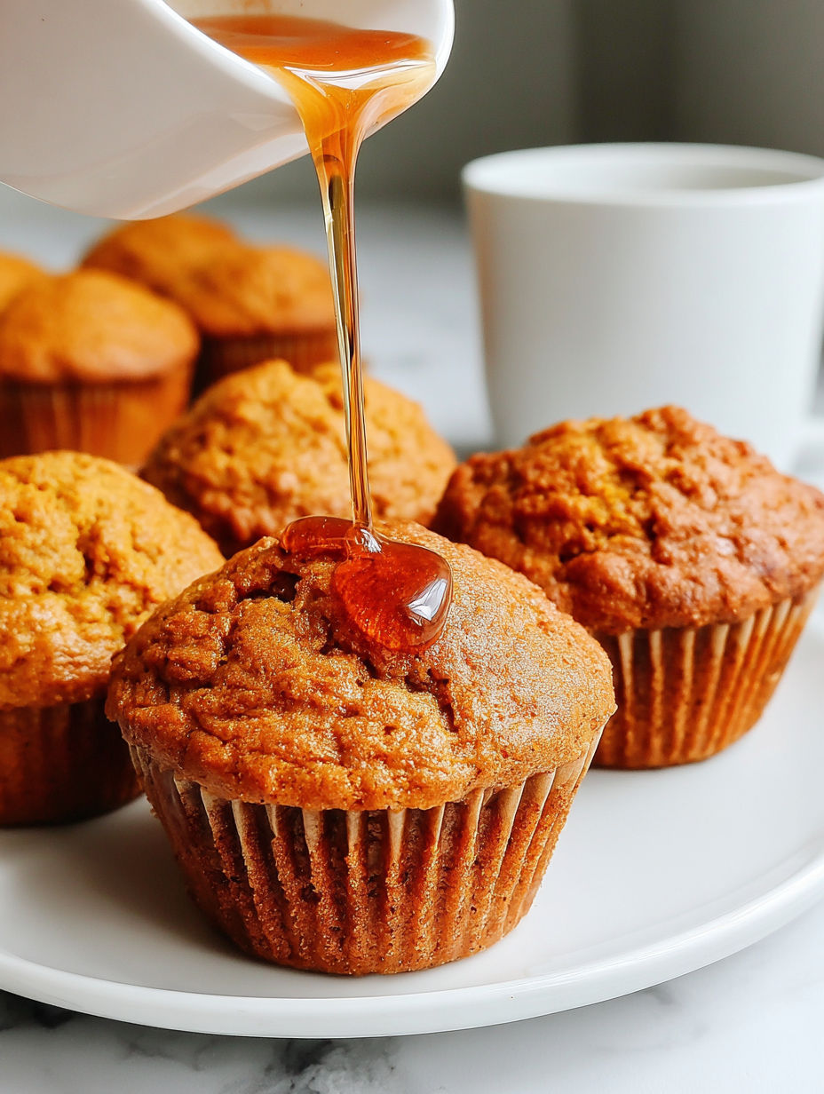 A muffin with a drizzle of honey on top.