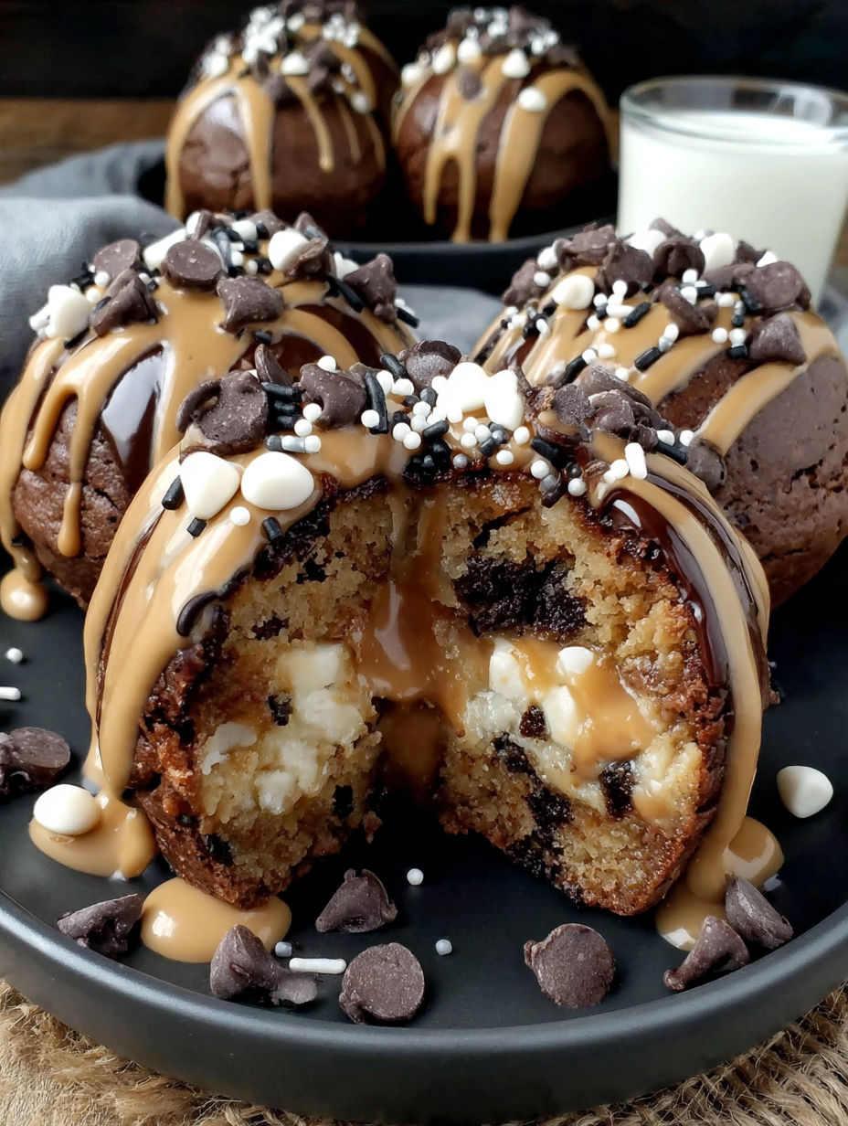 A chocolate chip brownie bomb with caramel drizzle.