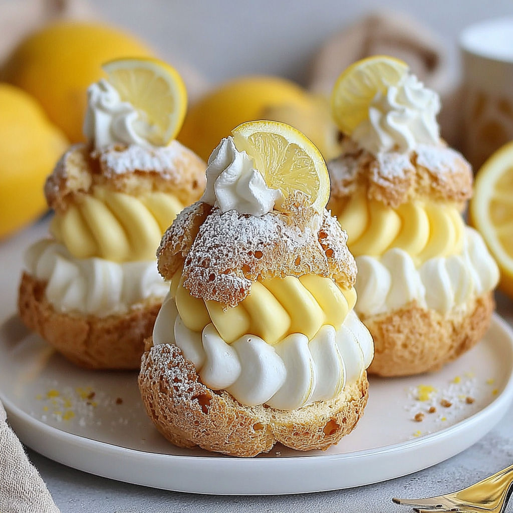 Three lemon cream puffs on a plate.