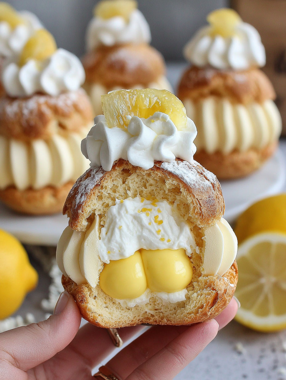 A person holding a lemon cream puff.