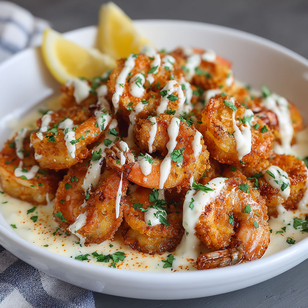 A bowl of shrimp with a creamy sauce.