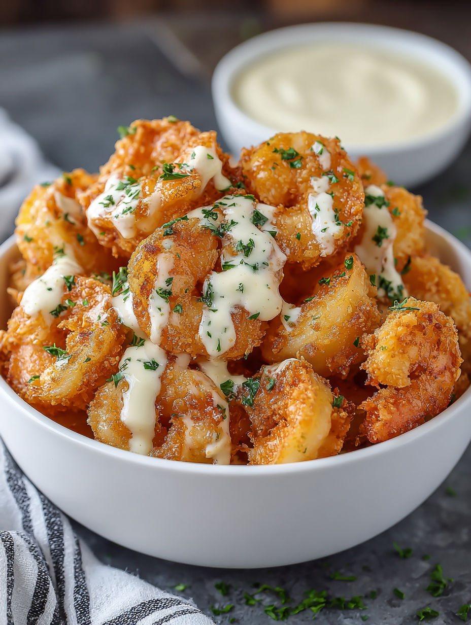 A bowl of crispy cajun shrimp with creamy sauce.