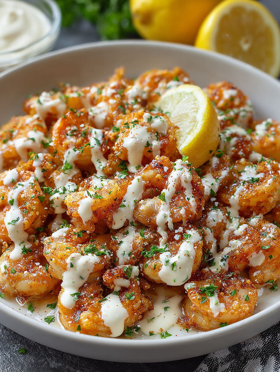 A bowl of shrimp with a creamy sauce.