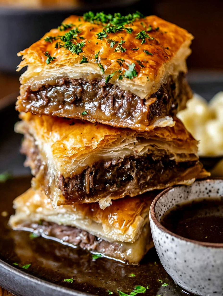 French dip squares on a plate.