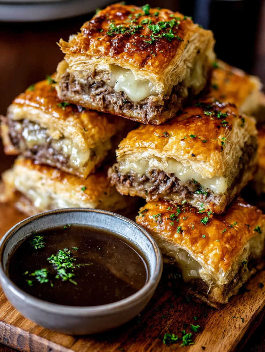 French dip squares on a wooden table.