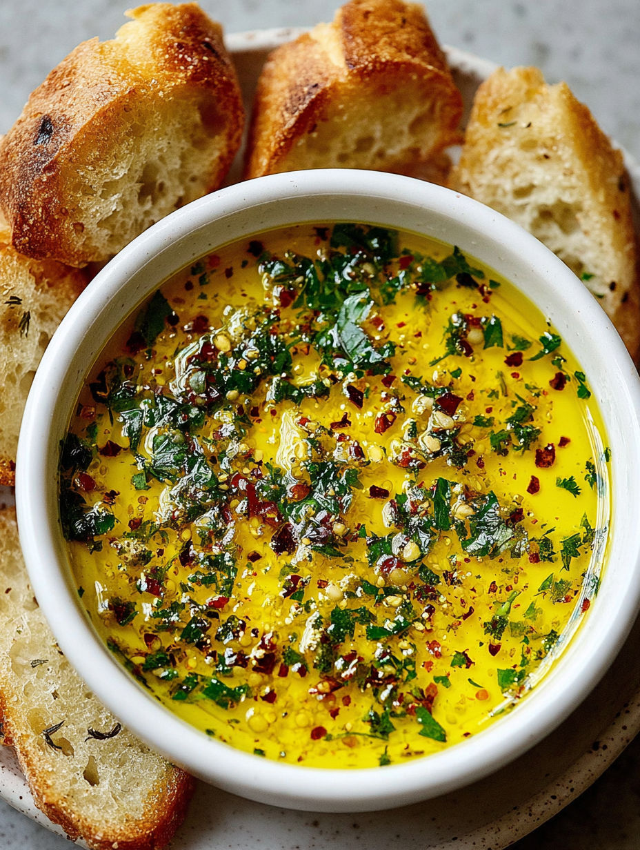 A bowl of garlic and olive oil dip with bread.
