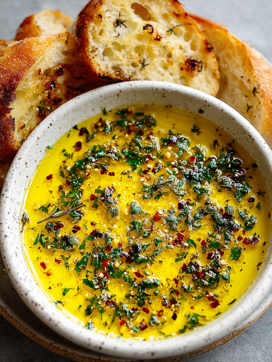 A bowl of garlic and olive oil dip.