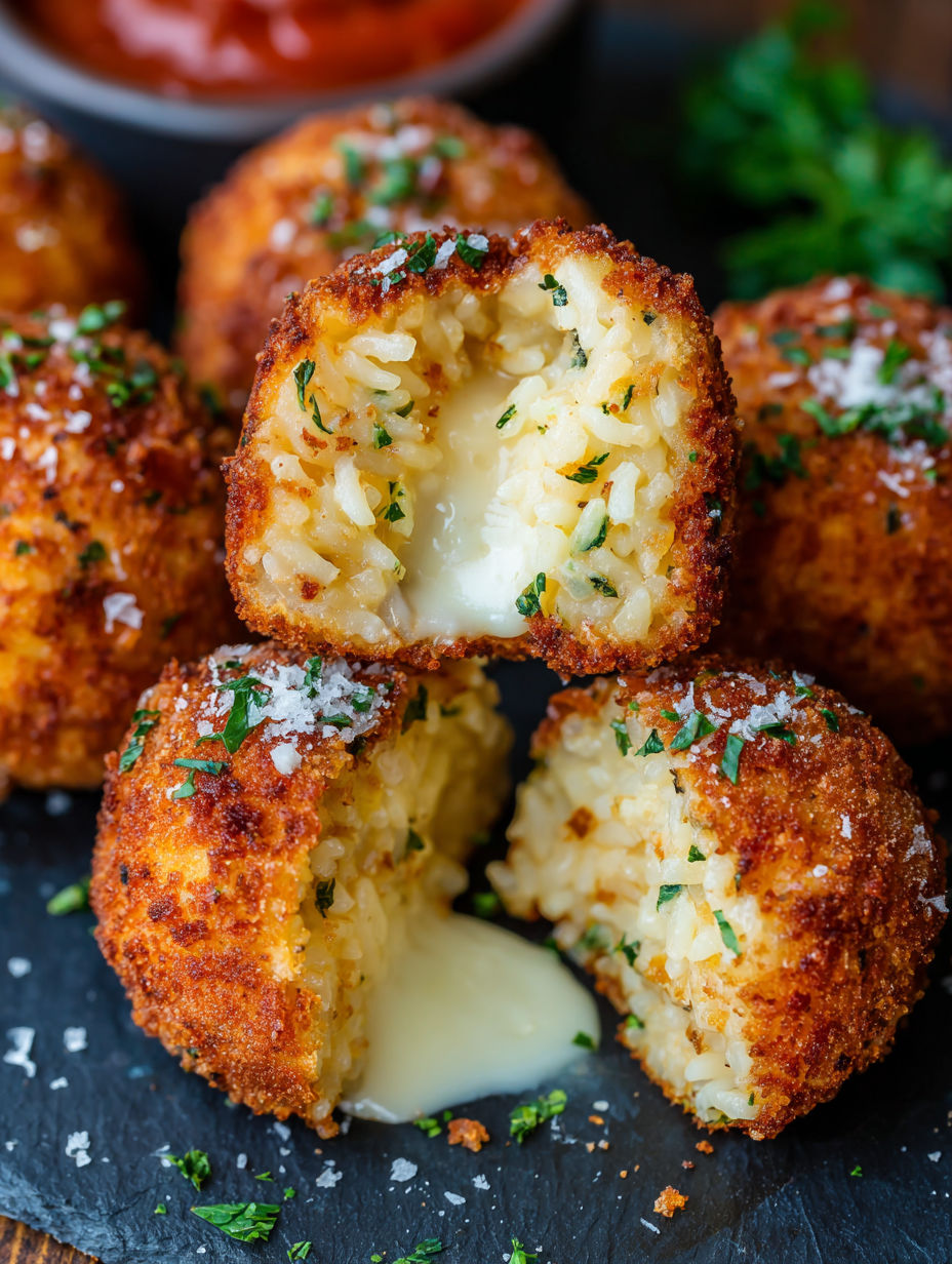A plate of rice balls with cheese and sauce.