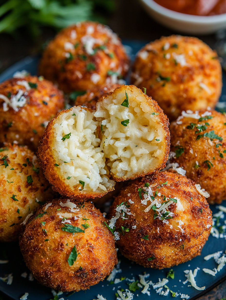 A plate of rice balls with cheese and herbs.