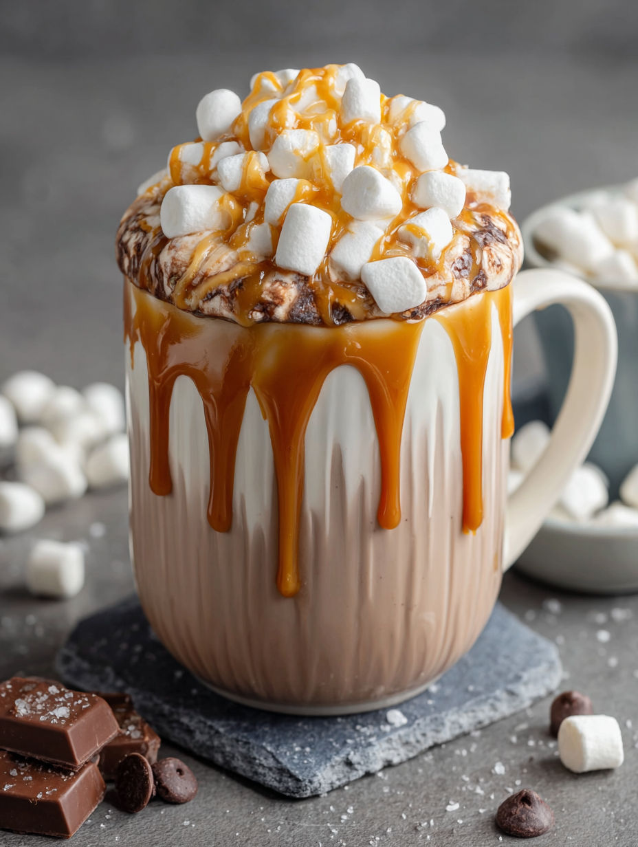 A cup of creamy caramel marshmallow hot cocoa.
