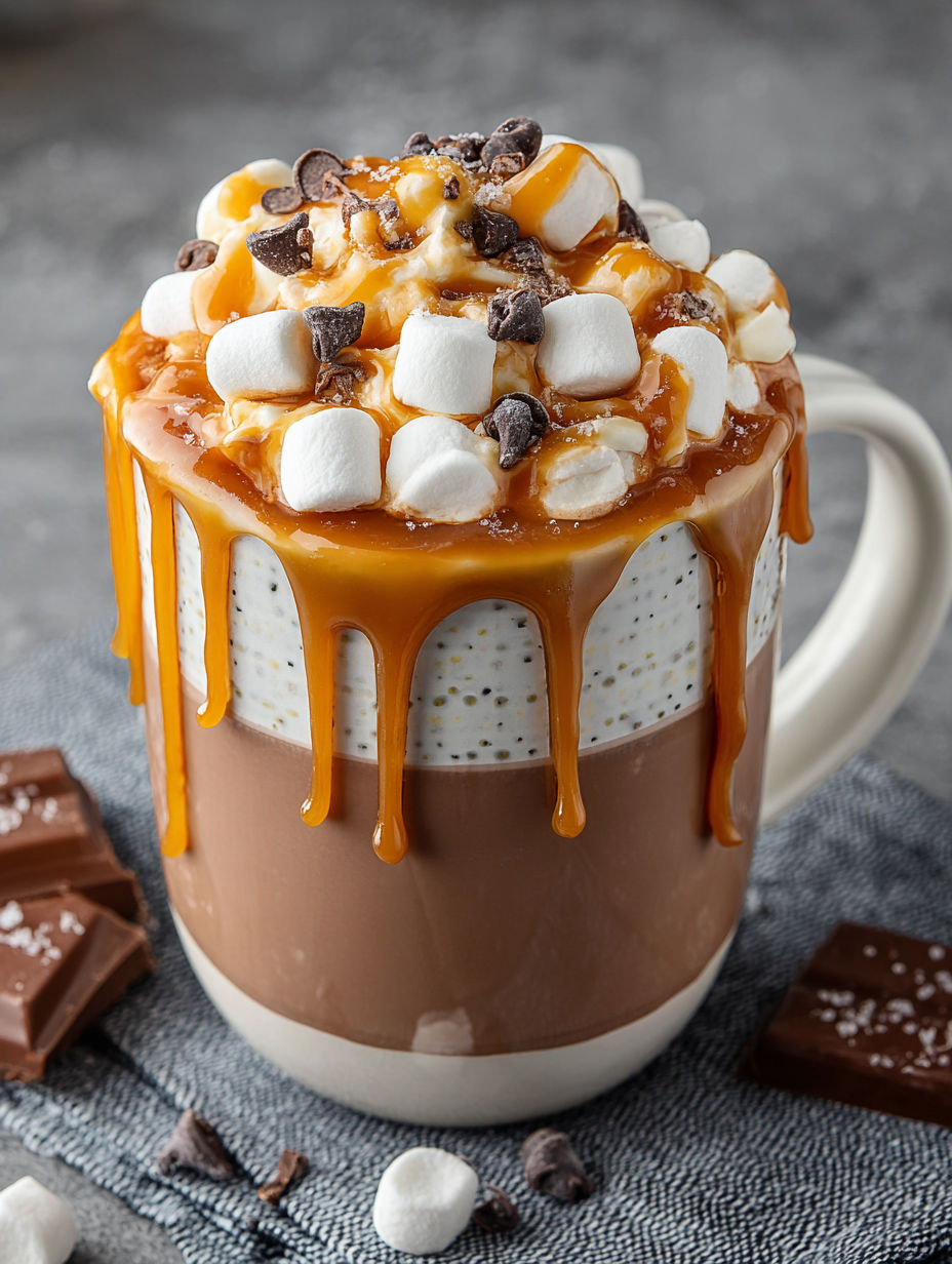 A cup of creamy caramel marshmallow hot cocoa.