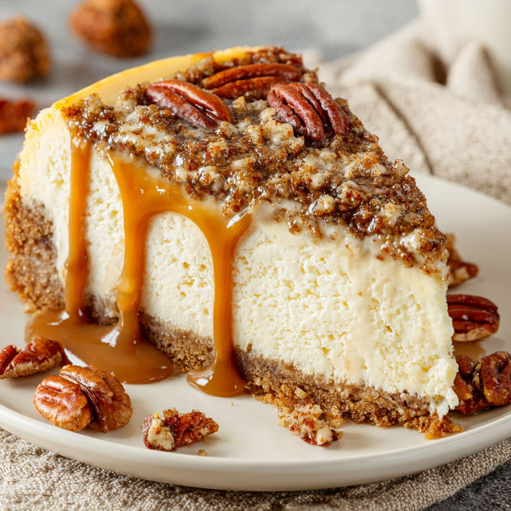 A slice of pecan cheesecake with browned butter drizzled over it.
