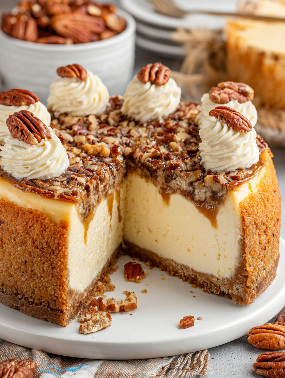 A slice of pecan cheesecake with browned butter.