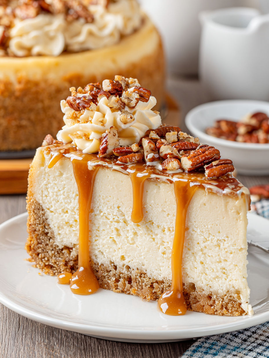 A slice of pecan cheesecake with brown sugar drizzle.