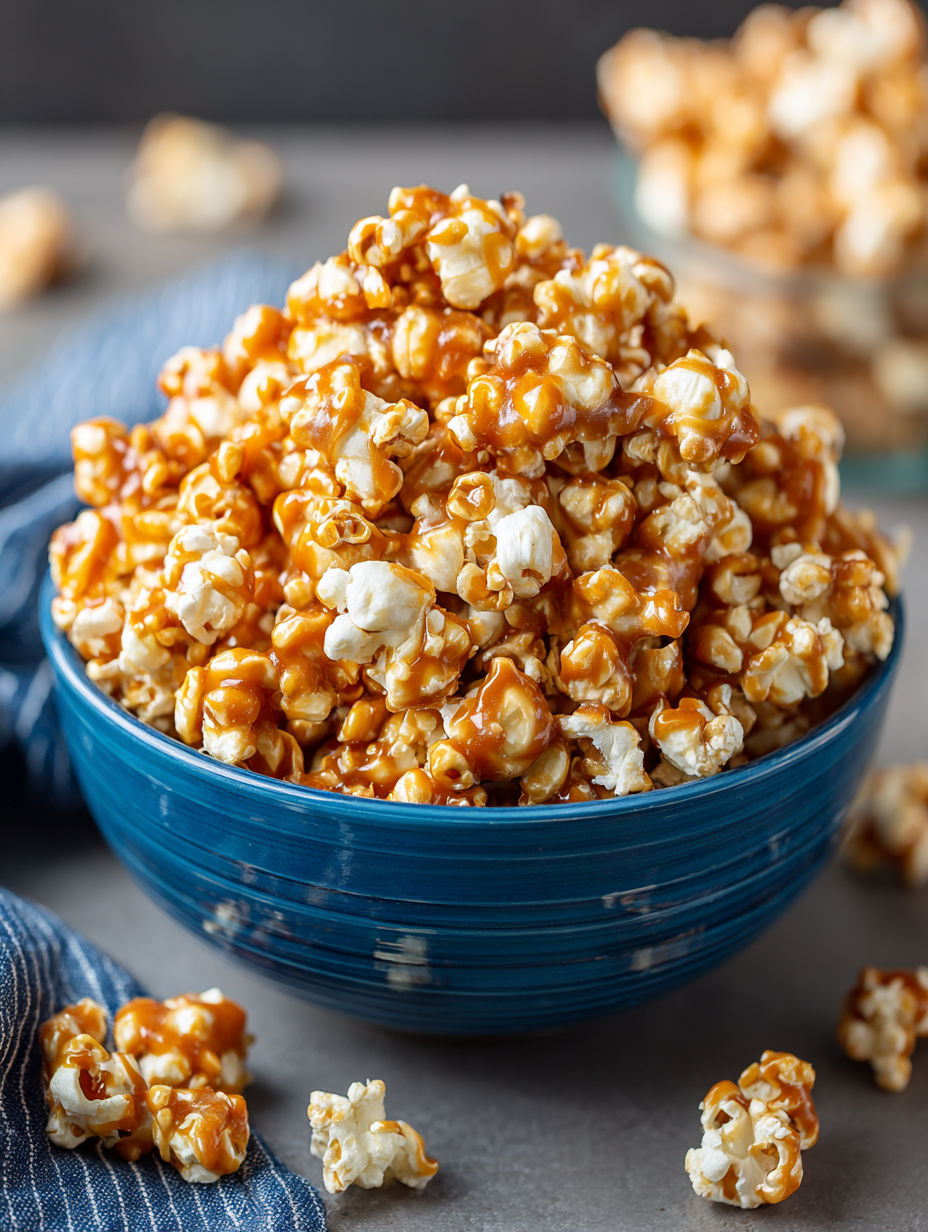 A bowl of popcorn with caramel drizzled on top.