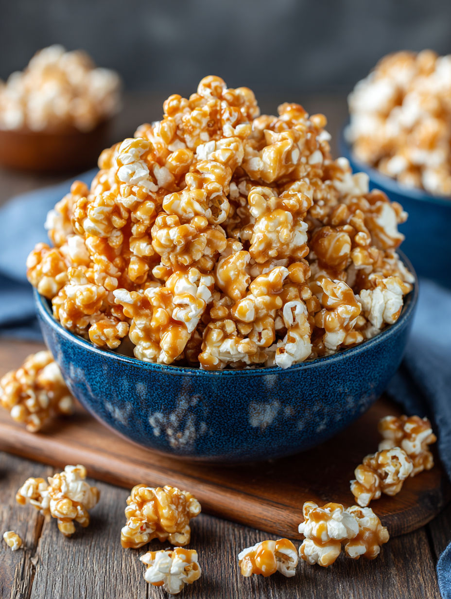 A bowl of caramel popcorn with a wooden spoon.