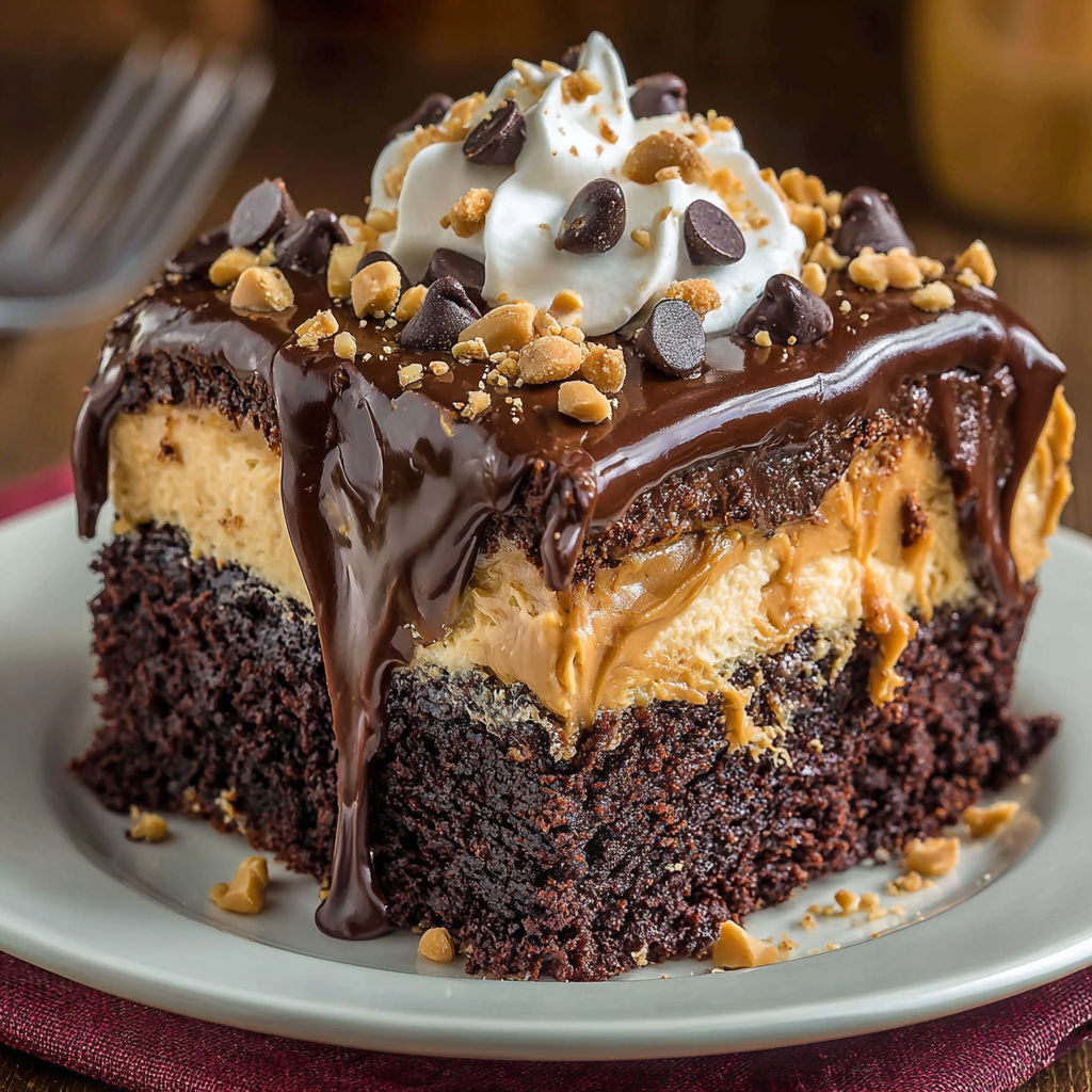 A slice of chocolate peanut butter cake.