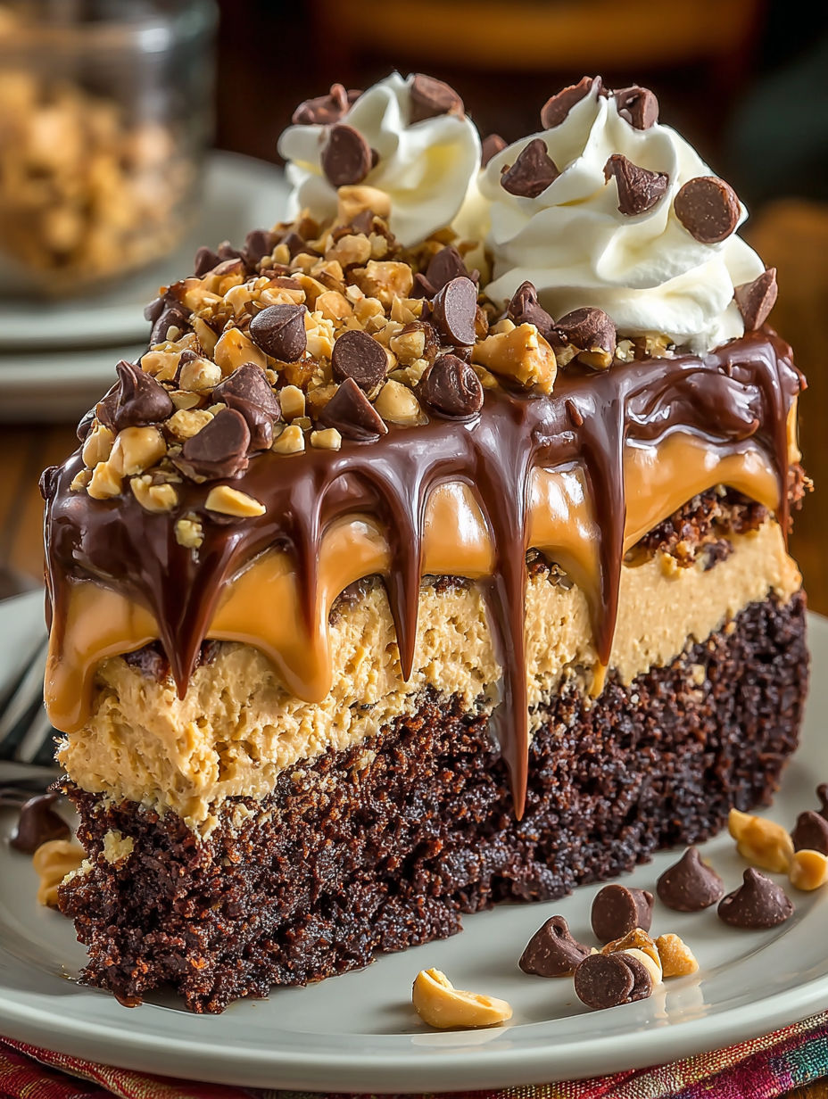 A slice of chocolate peanut butter cake.