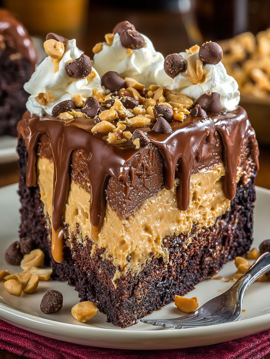 A slice of chocolate peanut butter cake.