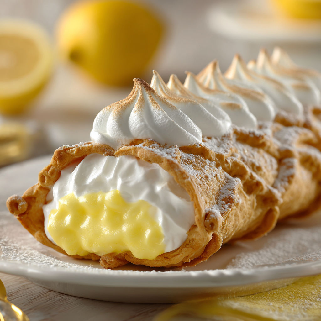 A slice of lemon meringue pie cannoli.