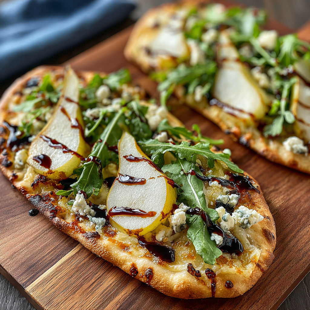 Two pear and gorgonzola flatbreads on a wooden table.