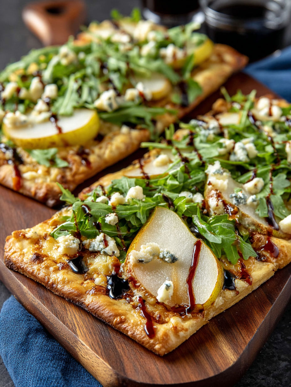 A pizza with pear and gorgonzola cheese.