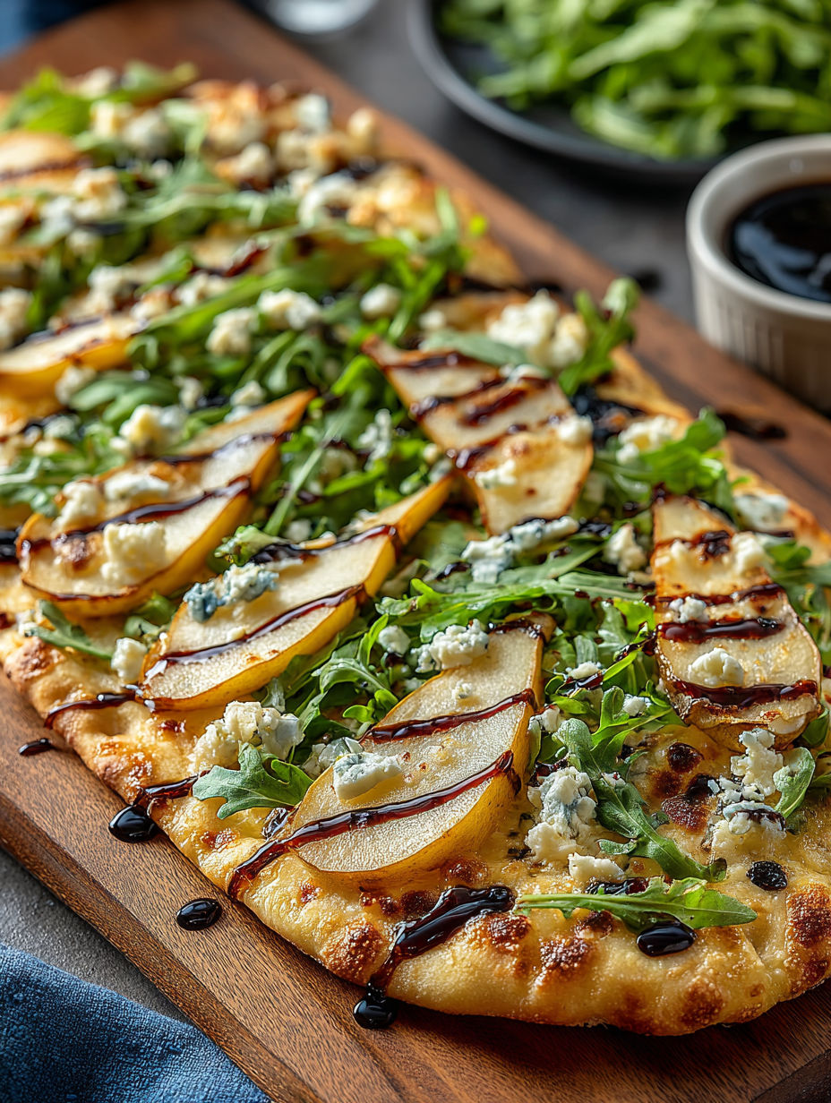 A flatbread with pear and gorgonzola cheese.