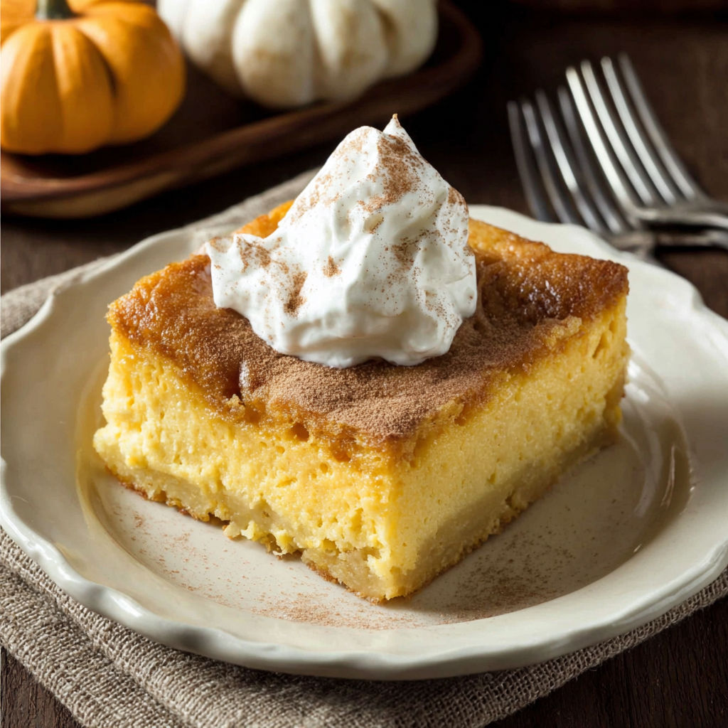 A slice of pumpkin gooey butter cake with whipped cream on top.