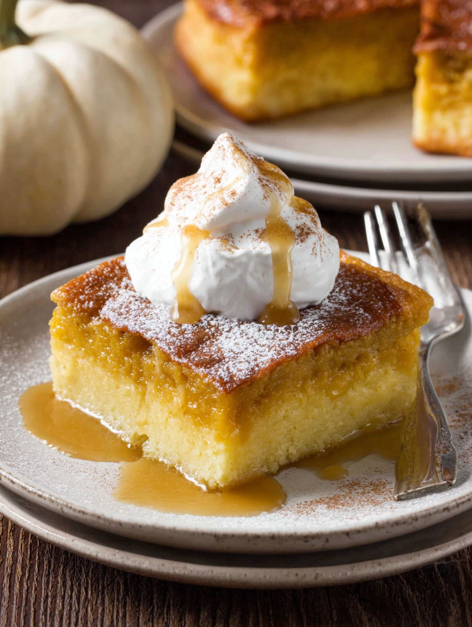 A slice of pumpkin gooey butter cake with whipped cream on top.