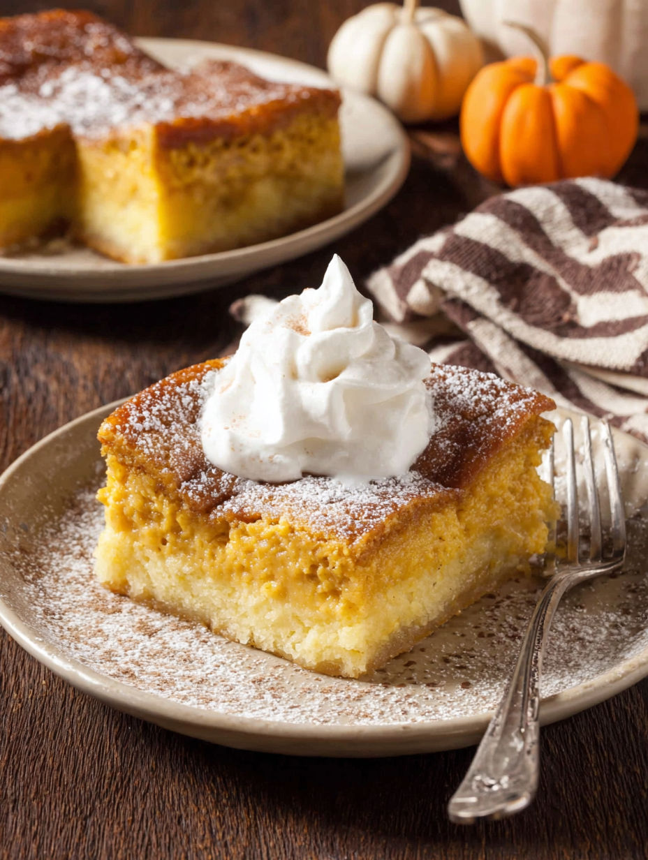 A slice of pumpkin gooey butter cake with whipped cream on top.