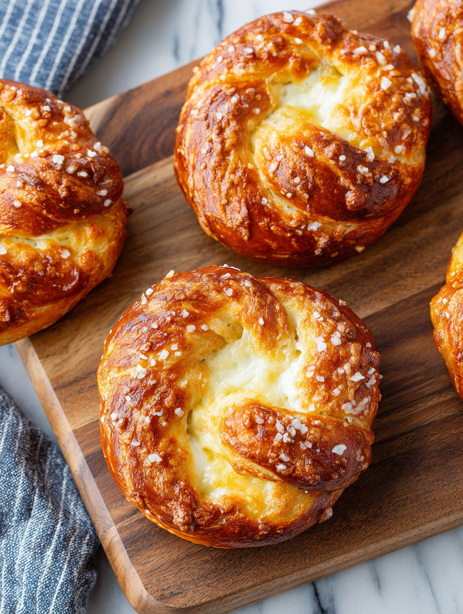 A wooden cutting board with three mozzarella stuffed soft pretzels.