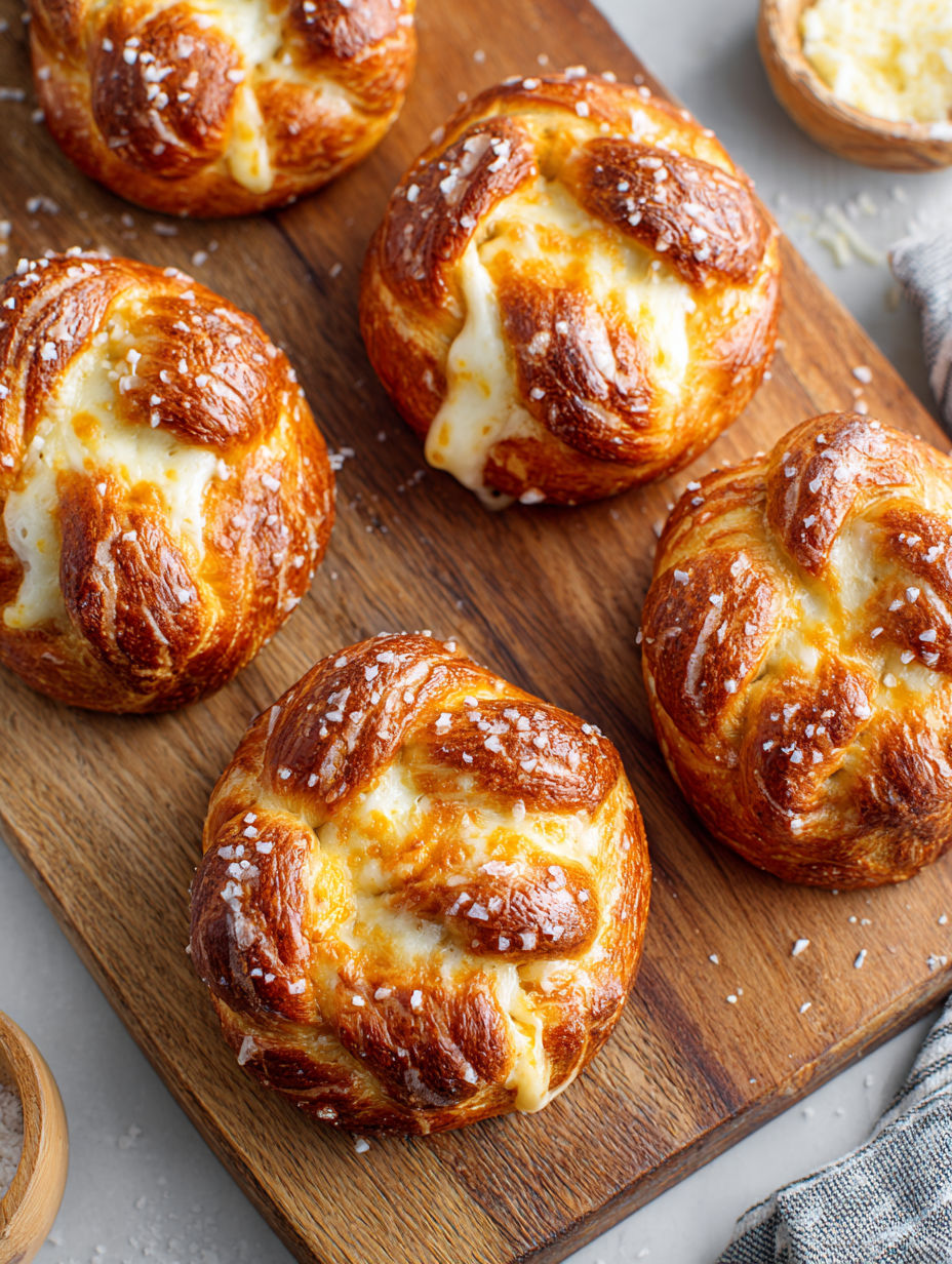 Mozzarella stuffed soft pretzels on a wooden board.