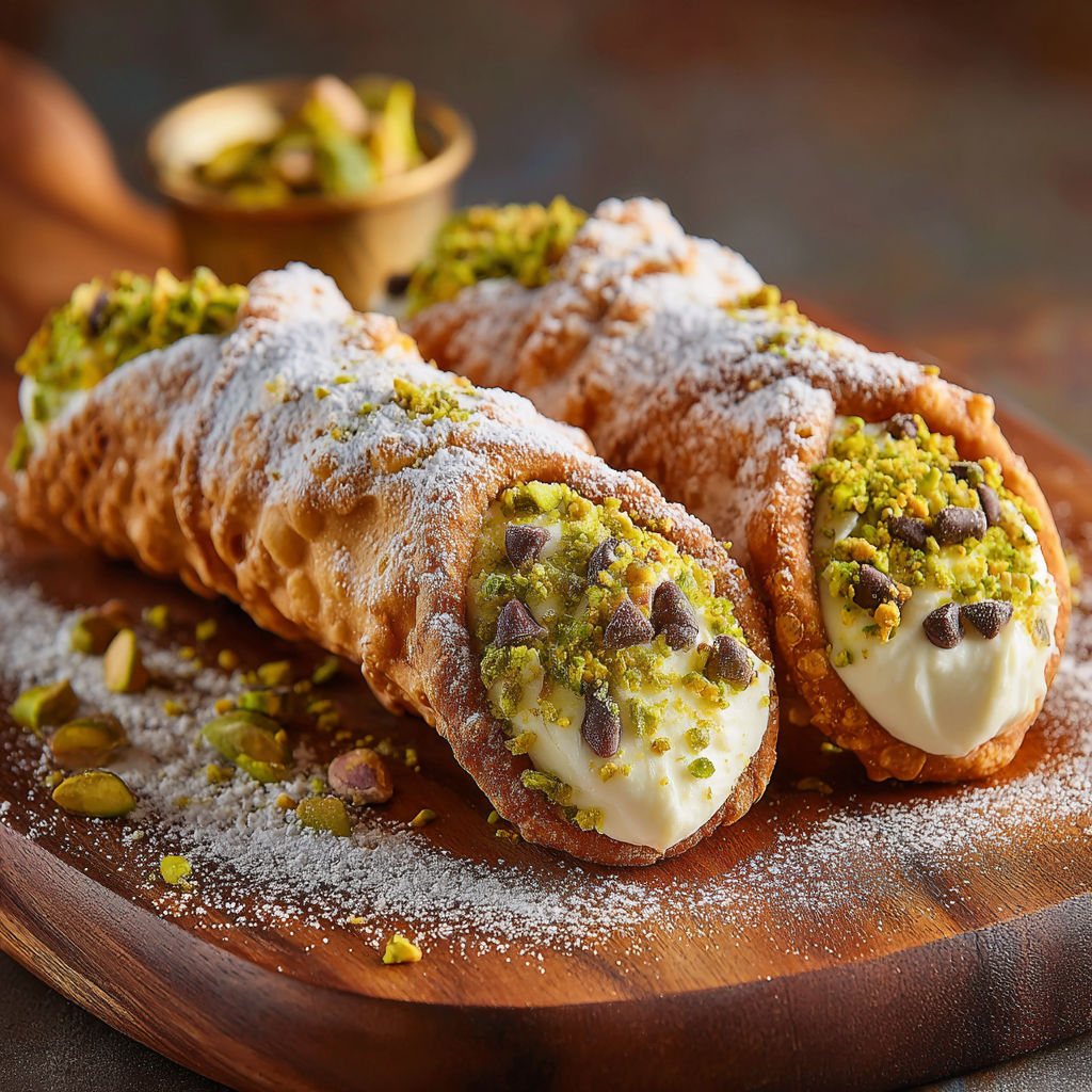 A close up of a cannoli with white cream and pistachio toppings.