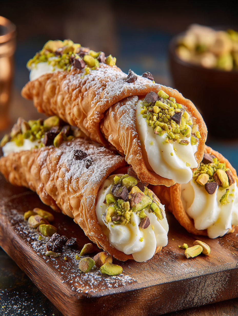 A close up of a cannoli with white cream and pistachio toppings.