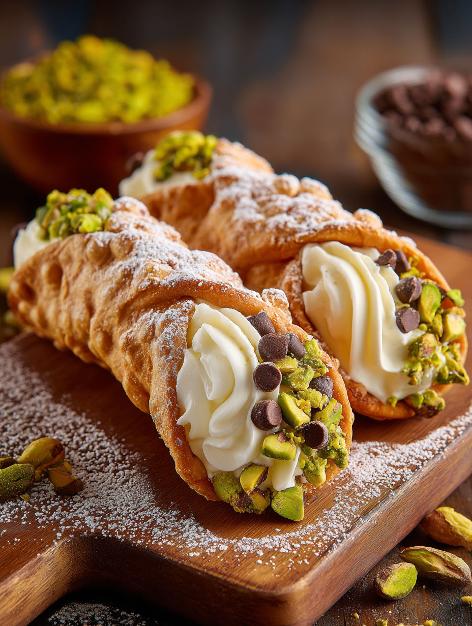 A close up of a cannoli with white cream and chocolate chips.