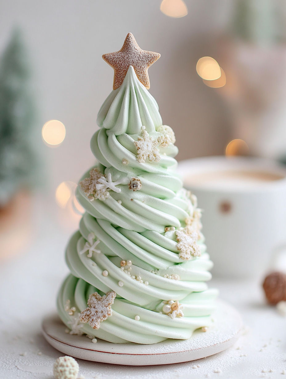 A white frosted Christmas tree made of meringues.