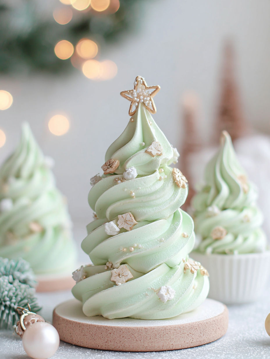 A green meringue tree with gold stars and white snowflakes.
