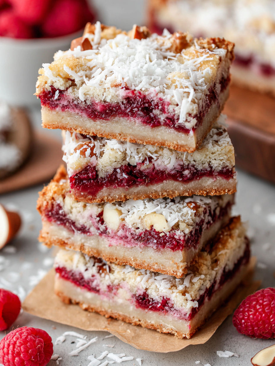 A stack of Raspberry Magic Cookie Bars.