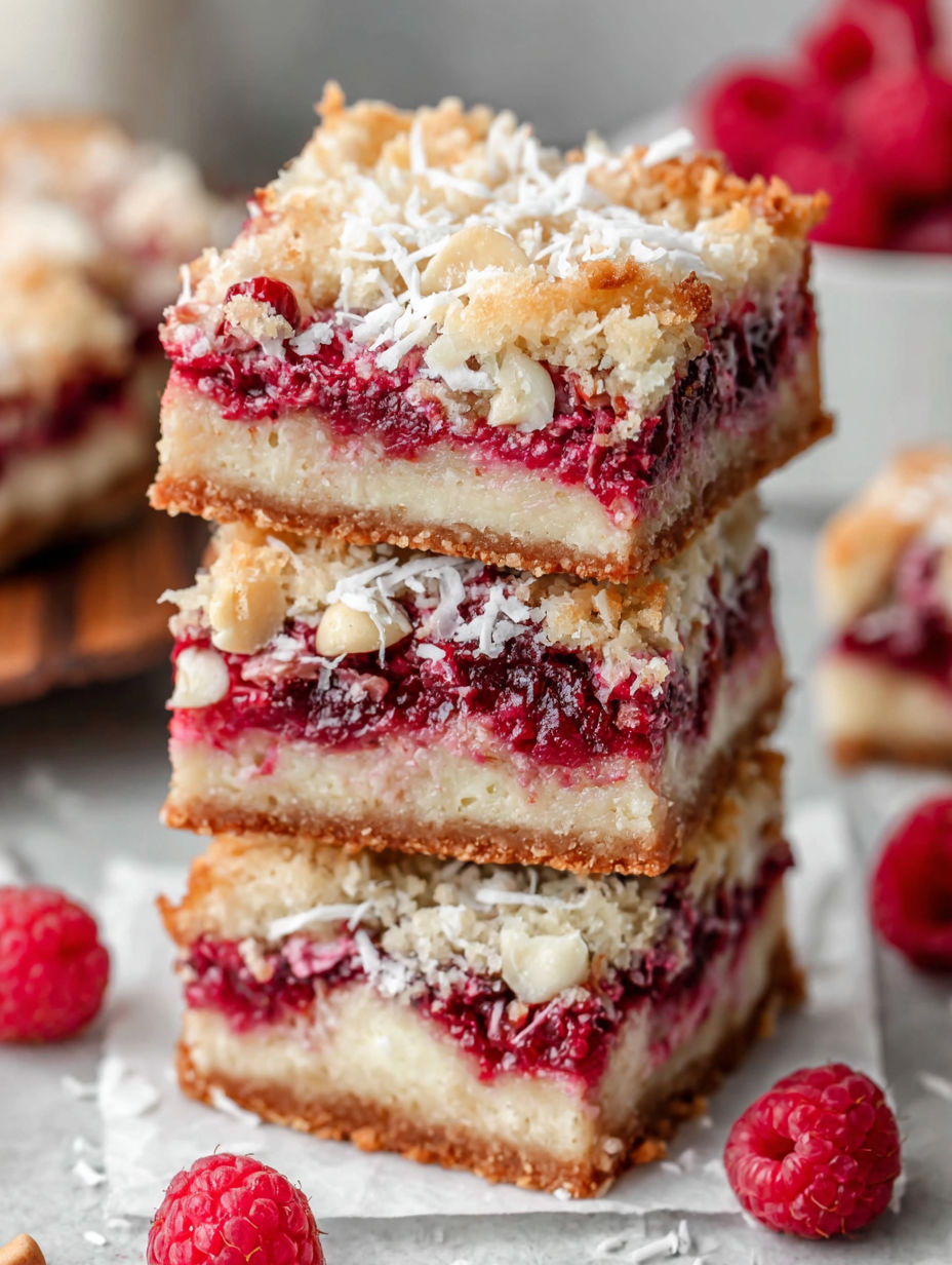 A stack of Raspberry Magic Cookie Bars.
