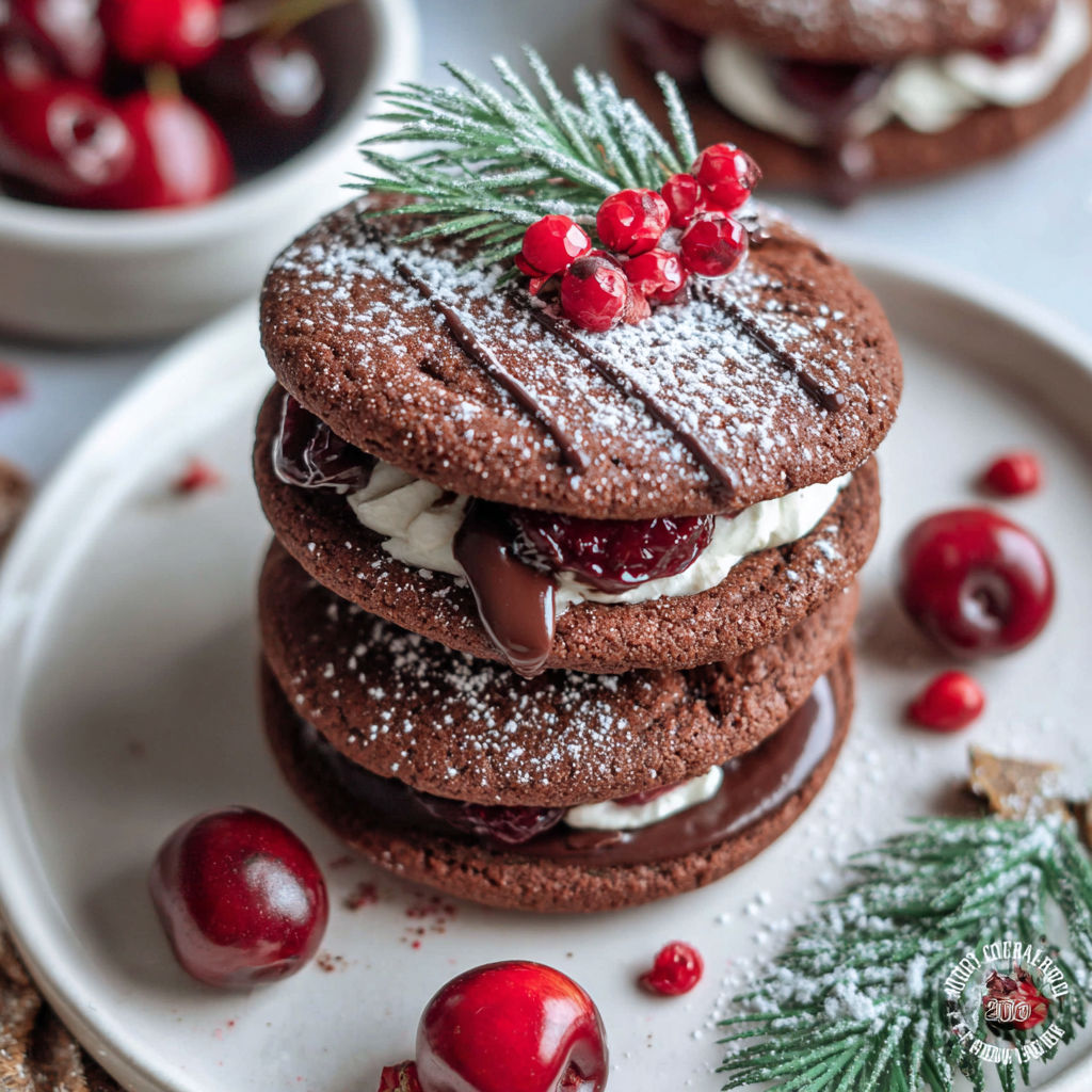 A stack of three black forest cookies with chocolate and white frosting.