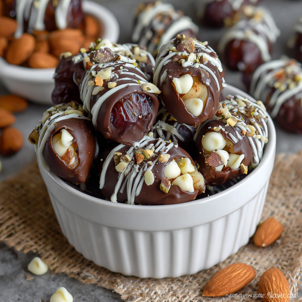 A bowl of chocolate covered dates with almonds.